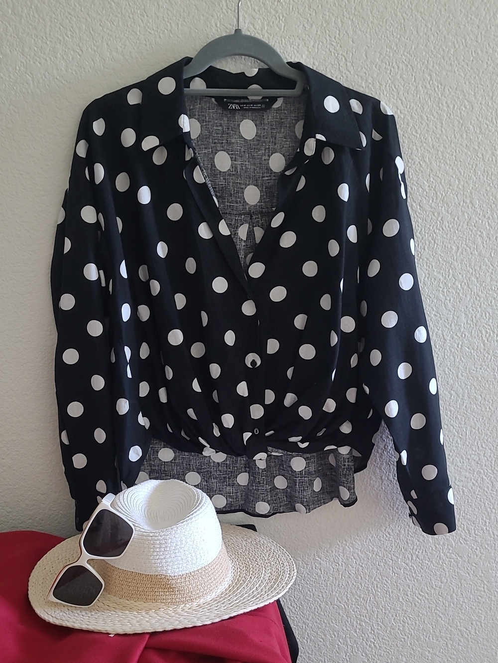 Zara Black and White Polka Dot Cropped Button-Up Blouse